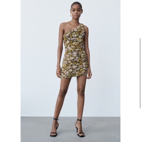 Zara Dresses & Skirts - Zara Floral One Shoulder Mini Dress purple gold floral size small